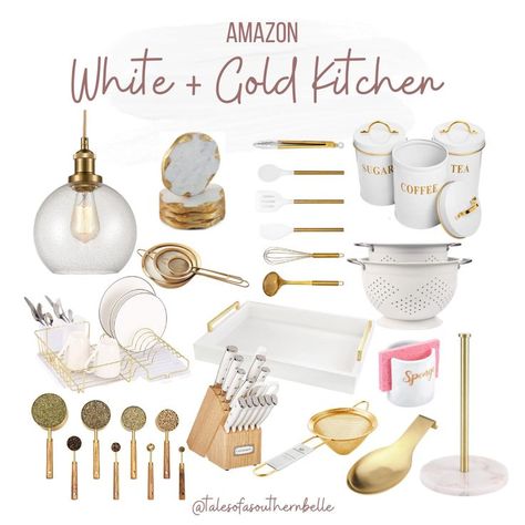 White And Gold Kitchen Counter Decor, Kitchen Ideas Gold And White, Gold And Cream Kitchen Decor, White And Gold Rustic Kitchen, Kitchen Decor Gold Accents, Beige Kitchen Decor Ideas, Gold Accessories Kitchen, Gold And Gray Kitchen, White And Gold Kitchen Utensils