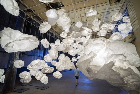 bridge's paper cloud installation empowers architects and designers from san antonio Ground Sofa, Cloud Installation, Paper Clouds, Paper Installation, Cloud Fabric, Heaven Art, Cloud Lights, Paper Light, Clouds Design