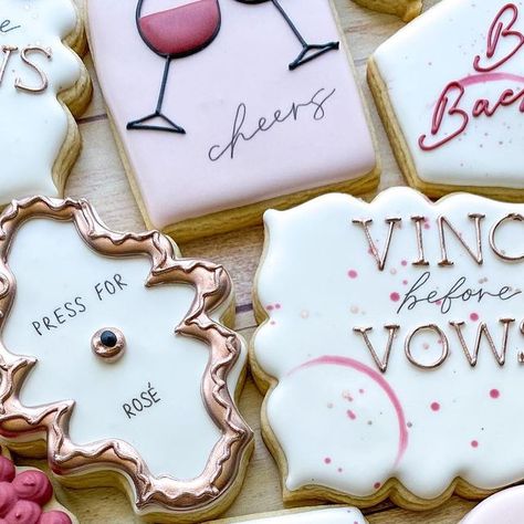 Emily’s Bake Shop on Instagram: "Wine themed bachelorette cookies for a special bach party in Napa Valley! 🍇🍷 I absolutely loved making these!! The theme was rose gold and wine, and I took it from there! • Vino before vows cookie inspired by @newberrycookieco • Wine ring technique inspired by @missypsweets • #emilysbakeshop #customcookies #decoratedcookies #cookier #cookieart #sugarcookies #sugarcookiedecorating #sugarcookiemarketing #njbaker #njcookies #bacheloretteparty #bachelorettecookies Napa Themed Bachelorette, Vino Before Vows Cookies, Wine Cookies Decorated, Vino Before Vows Bachelorette, Bachelorette Party Cookies, Winery Bachelorette, Vino Before Vows, Club Bachelorette, Wine Ring