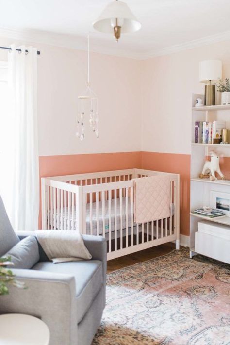 Before & After: A Color-Blocked Nursery in Des Moines, IA Peach Nursery, Nursery Accent Wall, Peach Walls, Floral Room, Flower Room, Nursery Baby Room, Our Baby, Baby Bedroom