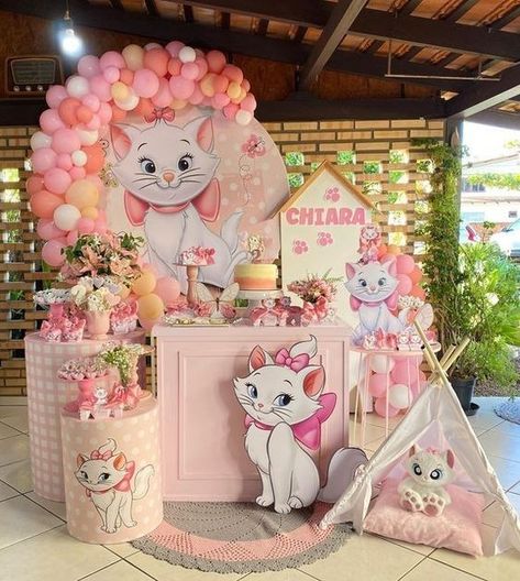 Kitten Themed Birthday Party Decor, Marie Cat Birthday Party Decorations, Baby Girl Bday Theme, Aristocrats Marie Birthday, Marie The Cat Birthday Theme, Aristocats Baby Shower Ideas, Marie Birthday Party Aristocats, Marie Aristocats Birthday Party, Birthday Themes For Girls 1st