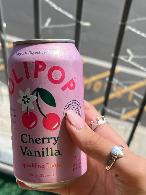 #summervibes #summerdrink #olipop Drink Poppi Aesthetic, Lollipop Soda, Olipop Soda Aesthetic, Oli Pop Soda, Pink Soda Aesthetic, Cherry Drinks Aesthetic, Pop Drink, Healthy Soda, Homemade Recipe Books