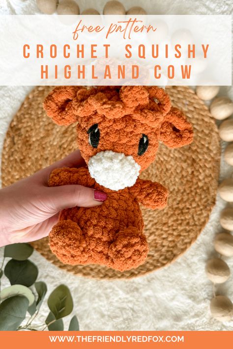 This is a free crochet pattern for the most adorable squishy highland cow! Understuffed body and cuddly blanket yarn make this the perfect gift for small ones! Blanket Yarn Crochet Amigurumi, Crochet Mini Highland Cow Free Pattern, Stuffy Crochet Pattern, Hyland Cow Crochet Pattern, Farm Crochet Patterns, Fluffy Crochet Animals Free Pattern, Free Highland Cow Crochet Pattern, Crochet Amigurumi Beginner Free Easy Patterns, Small Amigurumi Free Pattern Animals