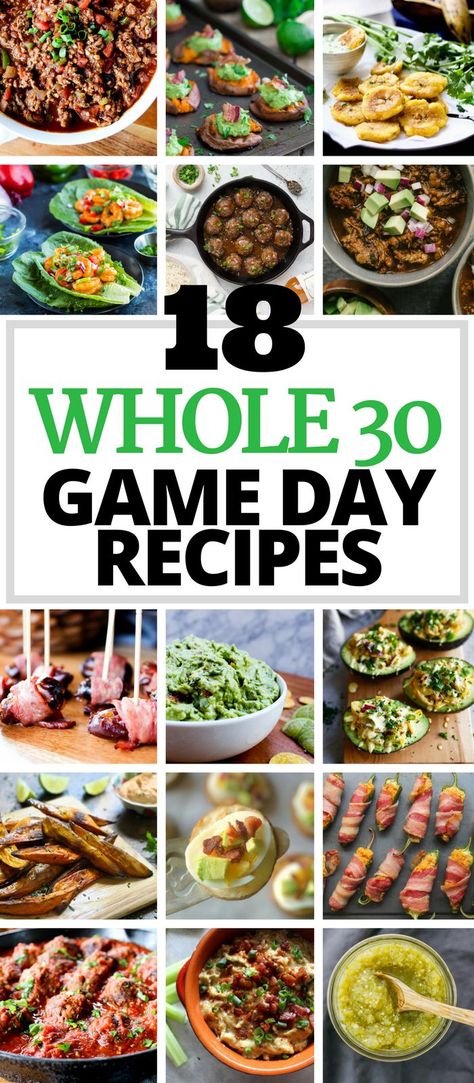 These 18 Whole30 Game Day Recipes are perfect for the Super Bowl or any game day! Appetizers, dips, & chili! Whole 30 Football Snacks, Health Super Bowl Snacks, Whole 30 Football Food, Super Bowl Party Food Paleo, Whole30 Party Food, Whole 30 Tailgate Food, Whole30 Superbowl Recipes, Clean Super Bowl Snacks, Football Healthy Party Food