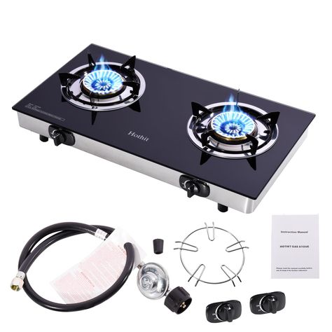 PRICES MAY VARY. 【Power Burner】This Portable propane gas cooktop is equipped with two high-efficiency burners, each burner powered 14300 BTU.total is 28600 BTU. uniform heating & faster cooking. The automatic ignition knobs are safety and also grants easy and quick access to ignite the stove. 【Product Structure】 This gas stove top is made of 0.28" Thickness tempered glass and corrosion resistance and effortless cleaning.The steel frame makes it resistant to corrosion. It also makes the gas stove tougher and sturdy to last long. The stainless steel spill-proof drip tray is designed to avoid any kind of spillage.Gas burner comes with four Non-slip rubber legs. 【Complete Accessories】 2 burners propane stove with 2 stove grates,the woks and pans can be placed steadily without slipping off gas Small Stove, Propane Stove, Gas Stove Top, Double Burner, Bbq Island, Camping Rv, Gas Cooktop, Gas Burners, Camping Stove