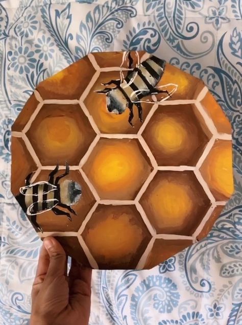 Honey bee on honeycomb wall hanging painting Bee And Honeycomb Painting, Honeycomb Painting Acrylic, Honeycomb Painting, Beehive Painting, Honey Bee Painting, Bee On Honeycomb, Vinyl Record Painting, Honeycomb Wall, Wall Hanging Painting