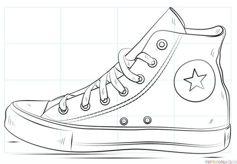 Converse Drawing, Sneakers Drawing, Beginner Sketches, Shoe Sketches, Pencil Drawing Tutorials, Seni Vintage, Drawing Tutorials For Kids, Shoes Drawing, Lukisan Cat Air