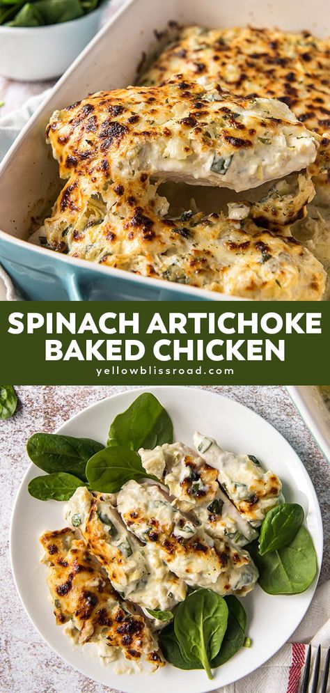 Creamy Spinach Artichoke Dip, Weeknight Chicken Dinner, Easy Weeknight Chicken, Baked Spinach, Weeknight Chicken, Baked Chicken Breasts, Juicy Baked Chicken, Spinach Artichoke Chicken, Artichoke Chicken