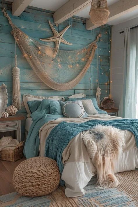 Beach Themed Bedroom Ideas For Adults, Beachcore Bedroom, Beach Bed Rooms, Beach Vibe Room Bedrooms, Mermaidcore Aesthetic Room, Beach Theme Room Ideas, Themed Bedrooms For Adults, Beach Room Makeover, Sea Bedroom Aesthetic