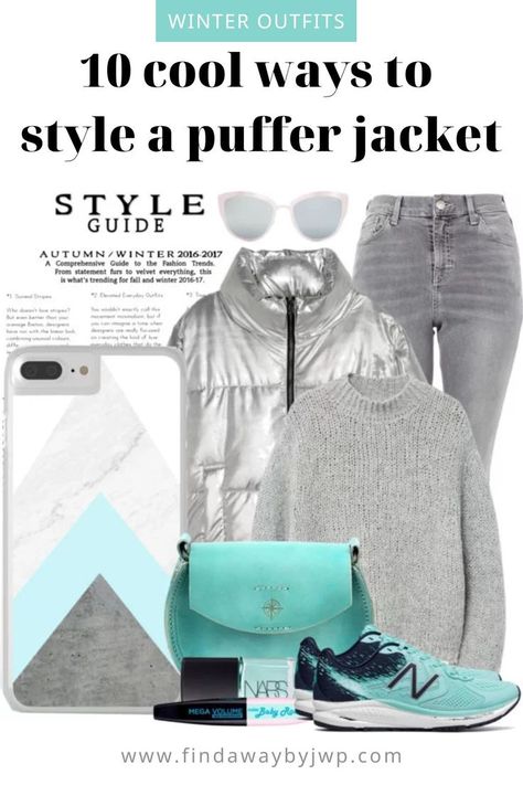 Puffer jacket outfit with grey sweater and silver puffer jacket Silver Puffer Jacket Outfit, Style A Puffer Jacket, Cute Puffer Jacket, Japan Outfit Winter, Comfy Winter Outfits, Silver Puffer Jacket, Puffer Jacket Style, Puffer Jacket Outfit, Comfy Outfits Winter