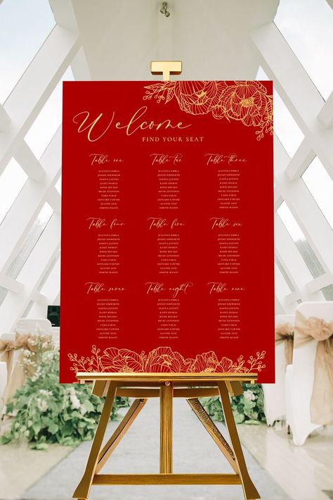 A red seating chart with gold floral spring blooms on the left hand side, with big text ‘welcome’- Find your seat. 9 tables with names underneath each table. Tea Ceremony Wedding, Double Happiness Wedding, Chinese Wedding Decor, Wedding Guest Book Table, Find Your Seat, Wedding Seating Chart Template, Vietnamese Wedding, Wedding Signs Diy, Guest Book Table