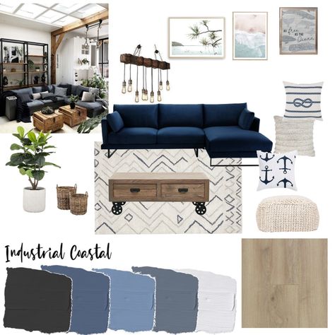 Coastal Industrial Living Room, Blue Couch Industrial Living Room, Modern Industrial Coastal, Beach Industrial Decor, Industrial Beach Decor, Industrial Coastal Style, Industrial Beach House Interior Design, Industrial Hamptons Style, Navy Blue Industrial Living Room