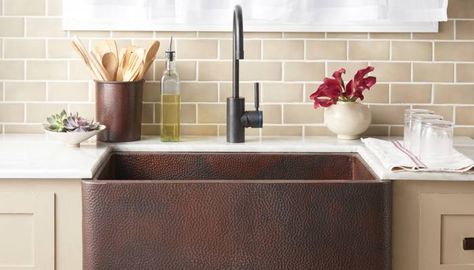 Farmhouse 30 Sink in Antique Finish. Native Trails. Made from recycled copper. Copper Sink Care, Hammered Copper Sink, Rustic Sink, Apron Front Kitchen Sink, Vintage Tub, Apron Front Sink, Apron Sink Kitchen, Apron Sink, Double Bowl Kitchen Sink