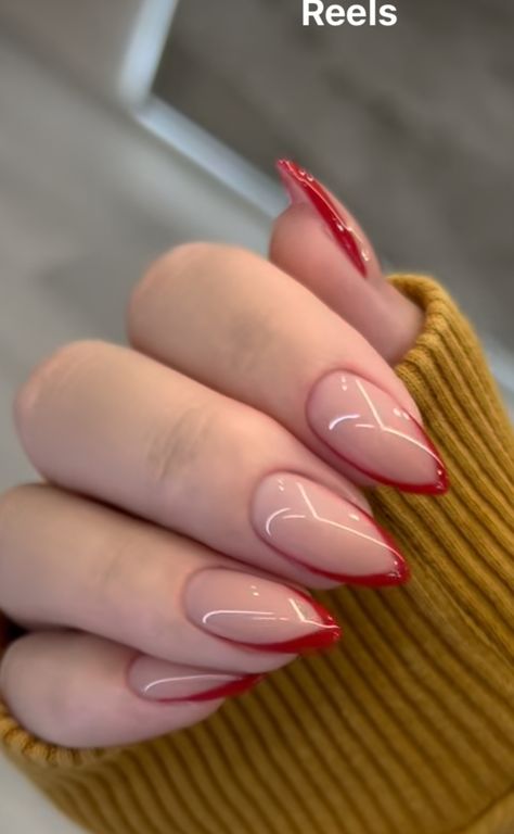 Almond Nails Trendy 2023, Edgy Valentines Nails Almond, Nude Nails With Red Design, Elegant Nails 2023, Red Nails Simple Design, Red V French Tip Nails, Cool Nail Inspo Almond, Minimalist Red Nails, Red Fancy Nails