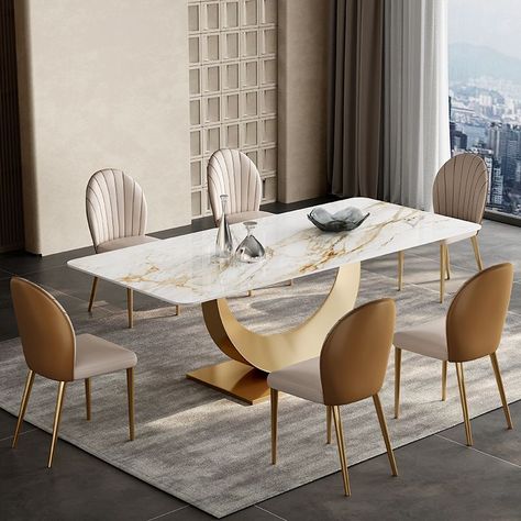 What is Included Product Collection: White 55.1"L x 31.5"W White 63"L x 35.4"W White 70.9"L x 35.4"W 4 Beige Chairs 3 Pieces: Table 2 Chairs 7 Pieces: Table 6 Chairs 5 Pieces: Table 4 Chairs Popular Table Lengths: 54 inches 60 inches 72 inches Table Height: Standard Height (28"-33") Style: Glam Shape: Rectangle Material: Metal Table Top Material: Slate Table Base Material: Metal Color: White Off-White Table Top Color: White Table Base Color: Gold Table Base Type: Pedestal Back Style: Solid Back Stone Top Dining Table, Modern Dining Tables, Metal Table Top, Esstisch Modern, Stone Dining Table, Luxury Table, 7 Piece Dining Set, Adjustable Height Table, White Table Top