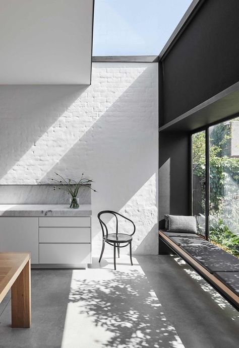 Focusing its redesign on a new wall of windows has transformed this family home in Melbourne’s south. Brick Interior, Joinery Design, Gray And White Kitchen, Interior Fit Out, Window Grill Design, Modern Monochrome, Classic Kitchen, Exposed Brick Walls, White Kitchen Design