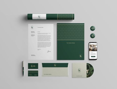 The Green Room | Branding on Behance Luxury Stationary Design, Green Brochure Design, Green Stationary, Brandbook Design, Corporate Stationary, Green Branding, Corporate Stationery, Best Color Schemes, Luxury Branding Design