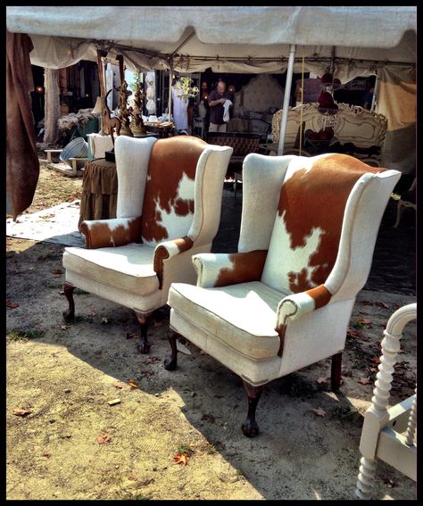 Cowhide - Brimfield Antique Show | Flea Market - Spotted some awesome cowhide and linen wingback chairs! Cowhide Upholstery, Cowhide Decor, Upholstery Chair, Upholstery Trends, Cowhide Furniture, Upholstery Armchair, Living Room Upholstery, Faux Cowhide, Couch Upholstery