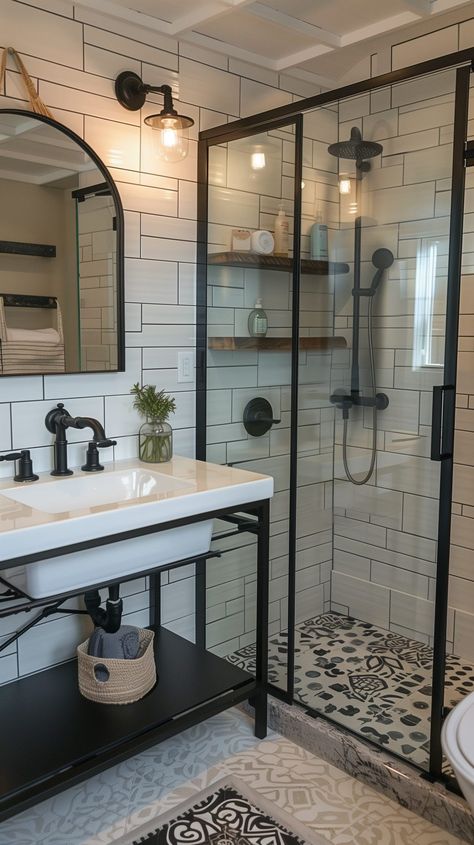 Farmhouse Bathroom Decor Ideas - Remodr Small Farm Bathroom Ideas, Small Lake House Bathroom Ideas, Bathroom Design Ideas Farmhouse, Shower Next To Vanity, Farmhouse Bathroom Shower Ideas, Dream Lakehouse, Modern Cabin Bathroom, Basement Bathroom Ideas, Modern Farmhouse Bathroom Ideas