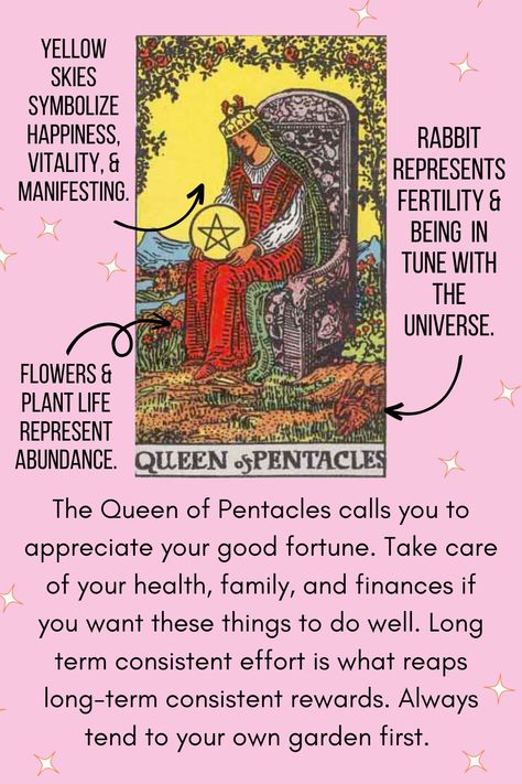 The Queen of Pentacles represents various meanings related to aspirations, abundance, nurturing, practicality, and security. If you pull the Queen of Pentacles it may indicate that you are like the queen and/or she can teach you a few things about maintaining your kingdom. Continue to look even deeper into the symbolic and profound lessons hidden in the Queen of Pentacles by clicking the link below. #tarotcardmeanings #spirituality #spiritualknowledge #tarot #queenofpentacles #abundance Queen Of Pentacles Tarot Meaning Reverse, Queen Of Pentacles Aesthetic, Queen Of Coins Tarot Meaning, Tarot Queen Of Pentacles, Queen Of Pentacles Tattoo, Queen Of Pentacles Reversed, Queen Of Pentacles Tarot Meaning, Tarot Explained, Queen Of Pentacles Tarot Card