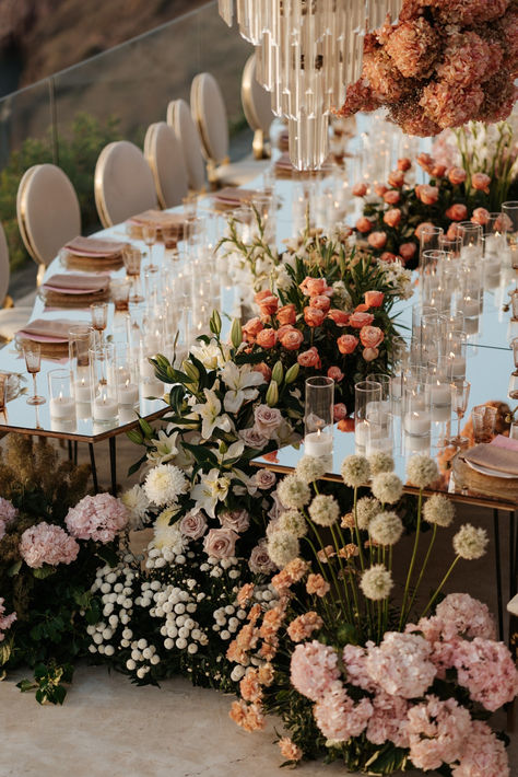 This Couple Created A Wildflower Meadow For Their Santorini Wedding Weddings In Santorini, Pink And Green Wedding, Cliffside Wedding, Greek Island Wedding, Greek Islands Wedding, Best Wedding Suits, Lover Wedding, Greece Mykonos, Lush Wedding