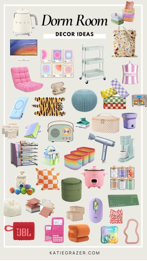 Dorm Room Decor + Essentials #dorm #university #dormdecor #decor #cute #roomdecor College Dorm Room List, Eclectic Dorm Room Decor, College Dorm Room Needs, Dorm Organization Ideas, Dorm Room Needs, Room Decor Essentials, College Dorm Aesthetic, Dorm Room List, College Dorm List