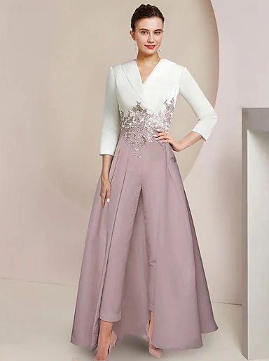 Two Piece Jumpsuit / Pantsuit Mother of the Bride Dress Formal Elegant Shirt Collar Floor Length Stretch Chiffon 3/4 Length Sleeve Wrap Included with Crystals Color Block 2024 2024 - $179.99 Mother Of The Groom Pant Suits Classy, Bride Pantsuit, Dress Formal Wedding Guest, Brides Mom, Formal Wedding Guests, Two Piece Jumpsuit, Mother Of The Bride Dress, Elegant Party, Elegant Shirt