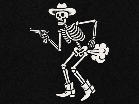 Careful where you point that thing mister! Vintage inspired illustration of a cowboy skeleton passing gas. Complete with six shooter, cowboy hat, boots... and toots. Bold contemporary vector illustration style, inspired by vintage illustrations. A perfect graphic design element for your bar, country music event, gag gift (literally), or wall art. -------------------- IMPORTANT: This is a digital download and no physical product will be shipped to you. Digital Downloads Include: One transparent P Skeleton With Cowboy Hat Tattoo, Vintage Skeleton Illustration, Boot Illustration, Cowboy Skeleton, Cowboy Graphic, Passing Gas, Skeleton Graphic, Svg Clip Art, Skeleton Illustration