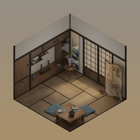 Isometric Japanese Room, Japanese House Interior, Isometric Room, Traveling Couple, Million Flowers, Tulip Season, Japanese Style House, Traditional Japanese House, 3d Room