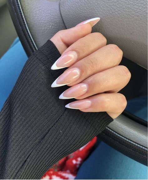 French Tip Nails Sharp, Almond Deep French Nails, White French Tip Nails Stiletto, Long French Almond Nails, Almondetto Nails, Long Almond Nails Designs, Stiletto French Nails, French Almond Nails, Waterslide Nail Decals