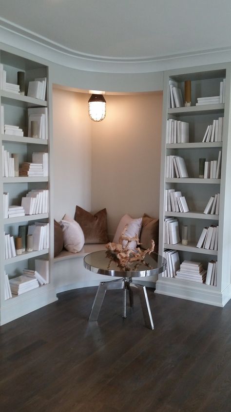 Library Wall With Storage, Bookcase Reading Corner, Library Lounge Room, Bookshelf In Master Room, Integrated Bookshelves, Corner Bookshelves With Seat, Bookcase And Chair Corner, Reading Corner Standing Shelves, Corner Book Shelf With Seat