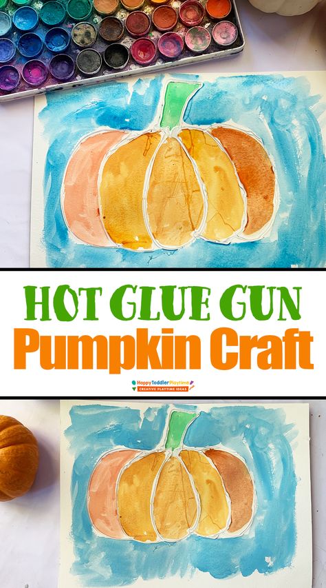 Hot Glue Gun Pumpkin Craft - Happy Toddler Playtime Glue Resist Pumpkin Art, Hot Glue Pumpkin Designs, Hot Glue Halloween Crafts, Infant Pumpkin Crafts, Glue Crafts For Kids, Preschool Glue, Pumpkin Crafts Kids, Hot Glue Crafts, Hot Glue Art