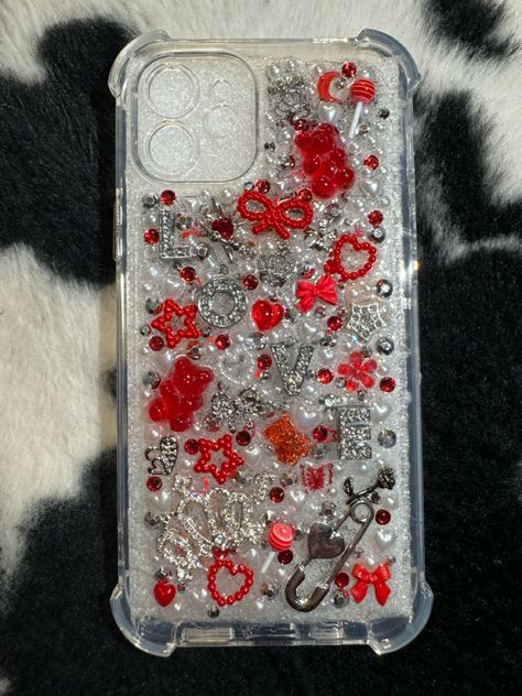 This is a Red, Silver, & White Junk Phone Case. I also do custom phone cases so if you're interested please feel free to check out my instagram @Luxe.cases_ Red Junk Case, Junk Case, Purse Ideas, Case Ideas, Custom Phone Case, Art Hobbies, Cash App, Crystal Ab, Cute Diys