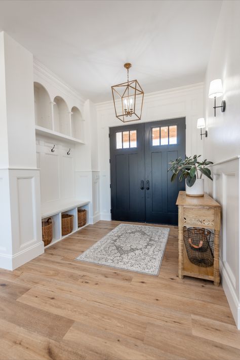 Look at the gorgeous floor in this beautiful modern farmhouse!!😍 Thinking about starting a project of your own? We'd love to help you out! Visit our website to view this gorgeous gallery and many more: https://www.mouerysflooring.com/prelude-oak #modernfarmhouse #rustic #modern #bright #Preludeoak #Fuzionfloors #flooring #hardwoodfloor #MouerysFlooring #SpringfieldMO #Flooring417 Farmhouse Wooden Floors, Foyer Modern Farmhouse, House Inspo Modern Farmhouse, Flooring Farmhouse Style, Fuzion Flooring Engineered, Farmhouse Style Flooring, Modern Costal Farmhouse, Front Entryway Flooring Ideas, Modern Farmhouse Flooring Ideas