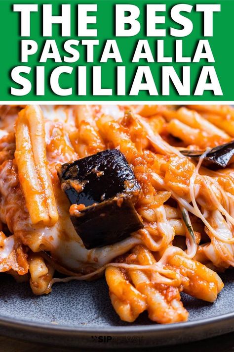 Pasta alla Siciliana is your go-to, easy, comfort food meal. Roasted eggplant is combined with melty mozzarella, pasta, basil, and mint in a simple, garlicky, tomato sauce. Because this can be made in under an hour, it is perfect for any night of the week, but is extra good when you're in need of some stick-to-your-ribs goodness. #dinner #pastarecipes #eggplantrecipes #comfortfood #eggplant Eggplant Rigatoni, Italian Eggplant Recipes, Eggplant Recipes Pasta, Eggplant Mozzarella, Pasta With Eggplant, Pasta Basil, Pasta Italia, Simple Tomato Sauce, Sauteed Eggplant