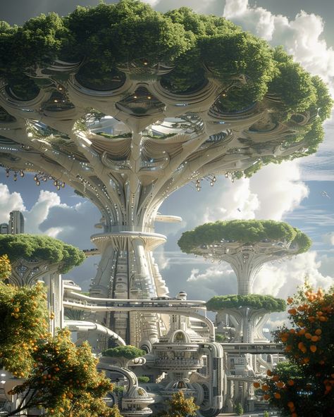 Nature Magic Art, Futuristic Village, Solarpunk Architecture, Alien Cities, Utopia World, Futuristic City Utopia, Utopia City, Futuristic Landscape, Futuristic World