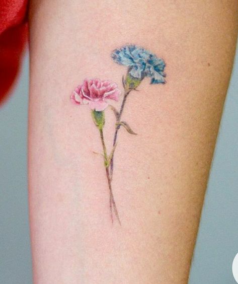 Carnation Flower Tattoo Color, Watercolor Carnation Tattoo, Purple Carnation Tattoo, Rose Blooming Tattoo, Pink Carnation Tattoo, Carnations Tattoo, Carnation Tattoos, Tattoo Between Breast, Carnation Flower Tattoo