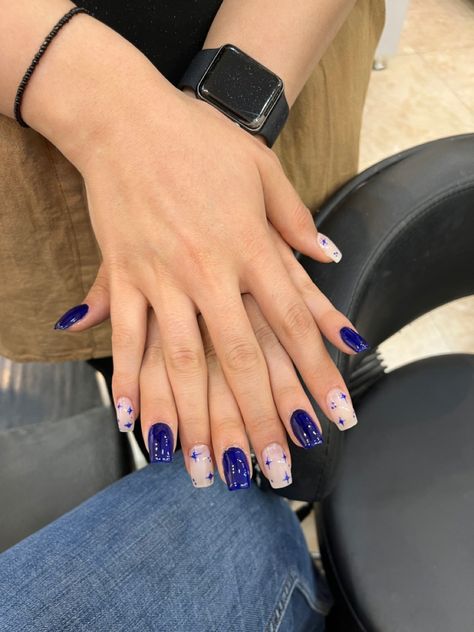 Dark Blue Nails With Stars, Blue Nauls, Blue Star Nails, Nails With Stars, Nails Star, Blue And White Nails, Dark Blue Nails, Navy Nails, Blue Glitter Nails