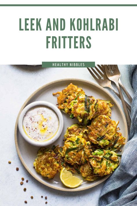 These leek and kohlrabi fritters are paired with a sumac yogurt sauce. They’re easy to make and great as an appetizer! Kohlrabi Fritters, Chickpea Flour Recipes, Kohlrabi Recipes, Fritter Recipes, Vegetarian Appetizers, Yogurt Sauce, Chickpea Flour, Croquettes, Beignets