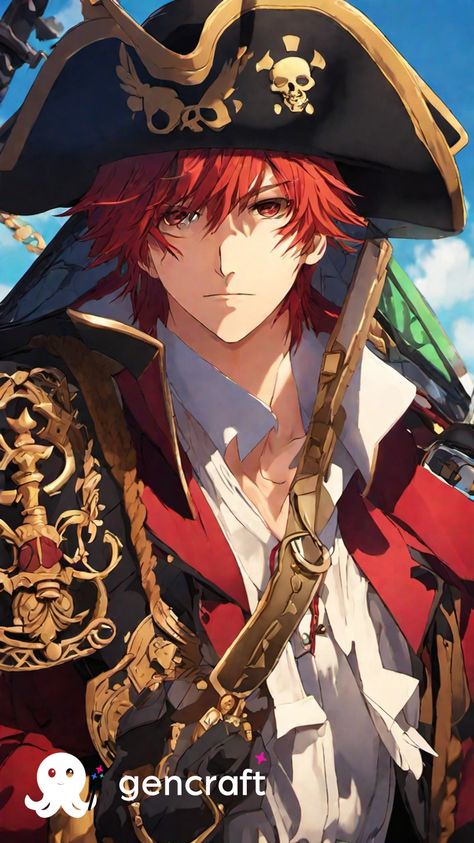 Pirate, red hair, anime boy, sexy, cool, awesome, dangerous Anime Pirate Aesthetic, Red Headed Pirate, Vampire Pirate Art, Anime Pirate Guy, Pirate Art Male, Hot Pirate, Dnd Pirate, Manga Male, Anime Pirate