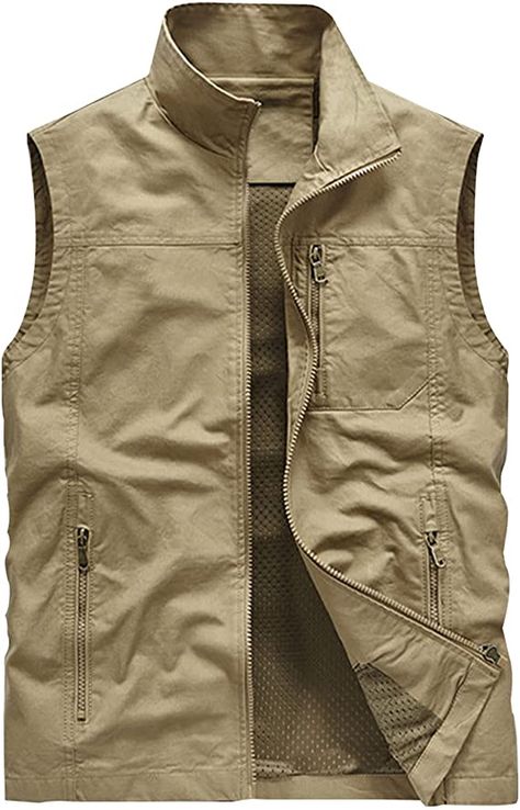 Gihuo Men' s Vests Outdoor Lightweight Travel Safari Fishing Vest(Khaki-M) at Amazon Men’s Clothing store Mens Vests Outdoor, Vest Uniform, Mens Outdoor Vest, Travel Safari, Bulletproof Clothing, Hiking Vest, Farmer Outfit, Travel Vest, Fishing Vest