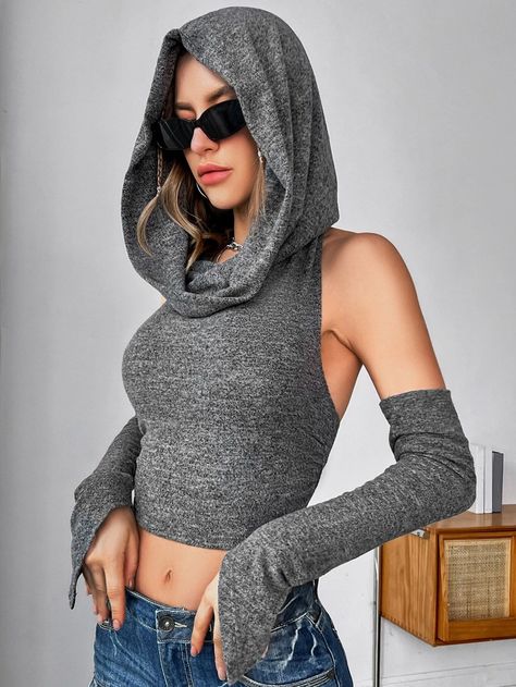 SHEIN ICON Draped Front Backless Hooded Top With Arm Sleeves | SHEIN USA Hooded Crop Top, Outfits Con Jeans, Star Wars Fashion, Shein Icon, Crop Top Hoodie, Arm Sleeves, Hooded Dress, Hooded Top, Cropped Tops