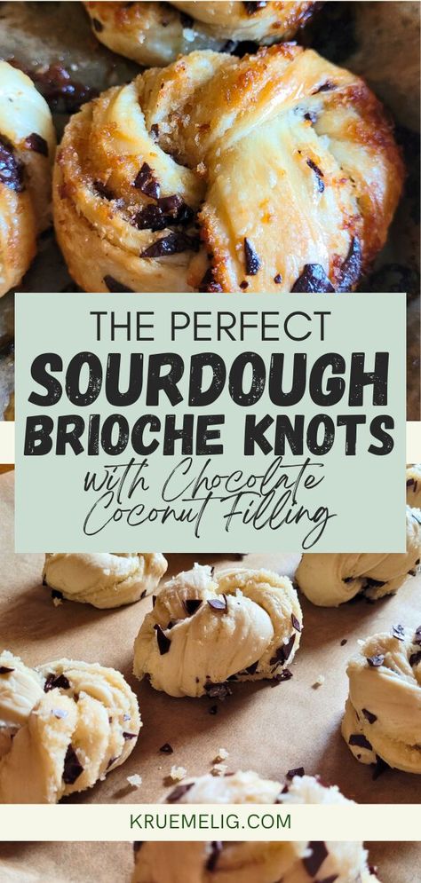 Sourdough brioche knots with chocolate coconut filling - KRÜMELIG% Sourdough Brioche Bread Recipe, Chocolate Sourdough Recipes, Sourdough Knots, Sourdough Baked Goods, Sourdough Pastries, Sourdough Pastry, Sourdough Croissants, Crossiant Recipes, Sourdough Brioche