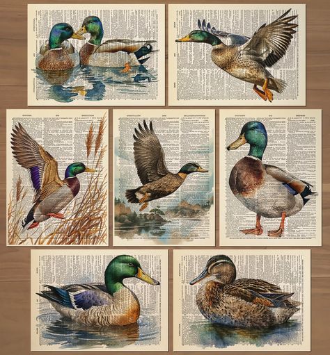 This is a set of Duck prints. You will receive the seven prints shown above. /Frames not included./   ORIGINAL ARTWORK: - Unique design and concept inspired by timeless images from a bygone era.   DETAILS OF PRINTS: - Printed on heavy, high quality 160 gsm paper. - The measurements of this print is 8" x 10.5". - Prints come with the dictionary text in the background. (If you buy multiple prints, the dictionary text in the background on each page will be different) - Professional print process - Vintage Duck Art, Vintage Bathroom Prints, Vintage Duck Decor, Nursery Wall Prints, Vintage Duck Nursery, Vintage Hunting Nursery, Duck Themed Nursery, Mallard Duck Nursery, Duck Decoy Decor