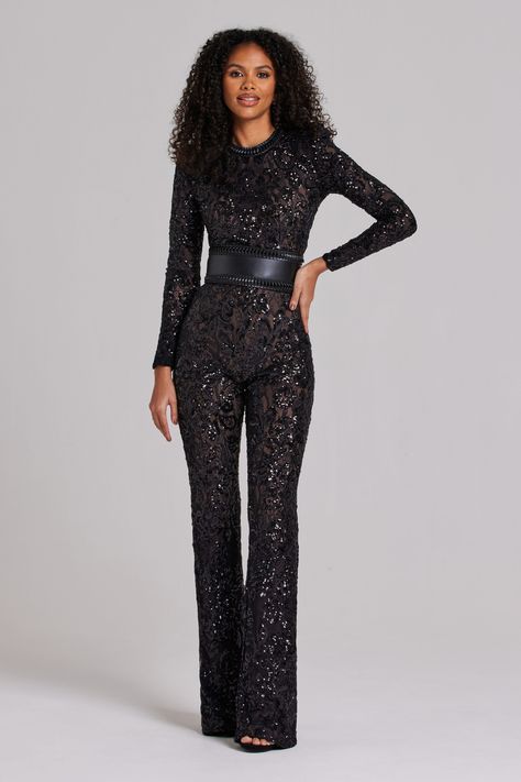 Bella Black Dark Nude Jumpsuit Women's Clothing > Jumpsuits. DESCRIPTION & FEATURES  Inspired by Parisian style, our BELLA jumpsuit takes a modern twist on a traditional design. The dark nude lining provides coverage, whilst accentuating the intricate sequin embellished lace detailing. This style looks equally as good paired with or without the leather corset belt. -Sequin embellished lace. -Dark nude lining.  -Concealed zip fastening.   -Functional detachable belt included      SIZE & FIT INFOR Jumpsuit Night Outfit, Hen Outfit, Black Jumpsuit Outfit, Black Sequin Jumpsuit, Nadine Merabi, Black Lace Jumpsuit, Leather Corset Belt, Glam Outfit, Sequin Jumpsuit