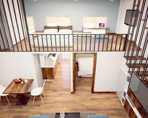 Tiny House No Loft, Tiny House 2 Bedroom, Loft Type House, Loft Style House, Small Loft Apartments, Loft Layout, Tiny Loft, Loft Style Bedroom, Loft House Design