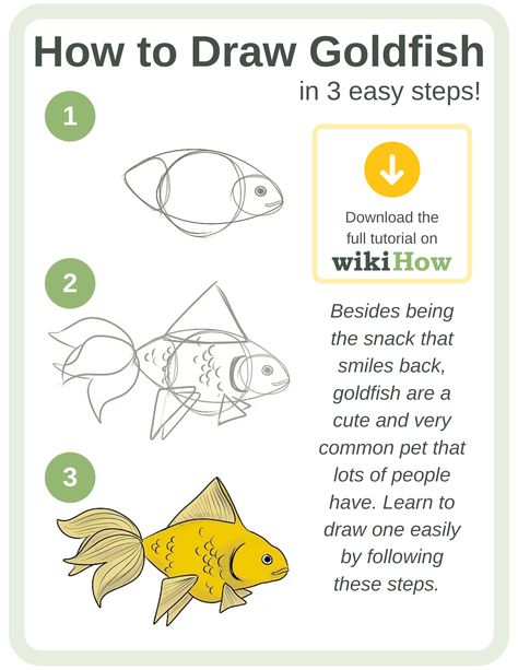 Goldfish Drawing Simple, Goldfish Drawing Tutorial, Easy Goldfish Painting, Goldfish Watercolor Easy, Goldfish Acrylic Painting, Cartoon Goldfish, Fish Sketch, Drawn Fish, Easy Animals