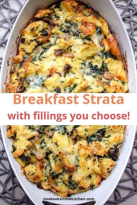 The essence of a breakfast strata is eggs, milk, cheese and bread. The personality comes from great fillings - choose the ones you like. Assemble the night before. Pop it in the oven the next day for a great comfort food dish. Best Breakfast Strata Recipes, Ground Beef Strata, Vegetarian Strata Recipes, Boxing Day Breakfast, Chicken Strata Recipes, Strada Recipe Breakfast Egg Strata Christmas Morning, Savory Bread Pudding Breakfast, Day Old Bread Recipes Breakfast, Healthy Overnight Breakfast Casserole