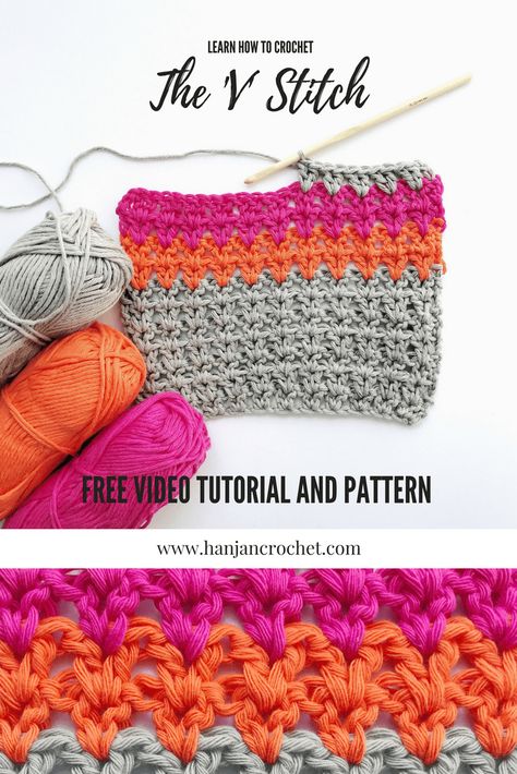 Learn how to crochet the V stitch, free video tutorial Hot To Crochet, Crochet Aphgans, Crochet V Stitch, Crochet For Dummies, V Stitch Crochet, Crochet Queen, Stitch Blanket, Crocheted Items, Crochet Fun