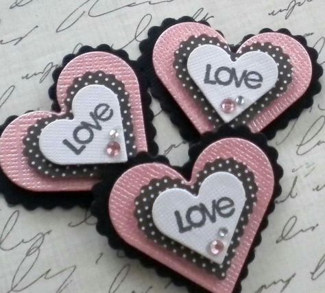 PINK BLACK WHITE HEART EMBELLISHMENTS Red Scrapbook, Heart Embellishments, Valentine Paper Crafts, Embellishments Diy, Valentines Scrapbook, Scrapbook Embellishments Diy, Diy Embellishments, Valentines Gift Tags, The Word Love